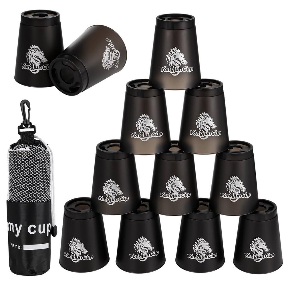 yeesport 12 Pcs Sport Stacking Cups, Sport Training Game for Challenge Competition, Plastic Stacking Cups, Classic Family Game for Kids and Adults, Black