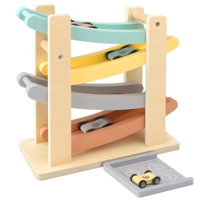 Joyreal Montessori Toddler Toys for 1 2 Year Old - 4 Level All-Wooden Car Ramp Racer Toys with 4 Mini Cars & Garages - Christmas Birthday Gifts for 1-3 Year Old Boys and Girls