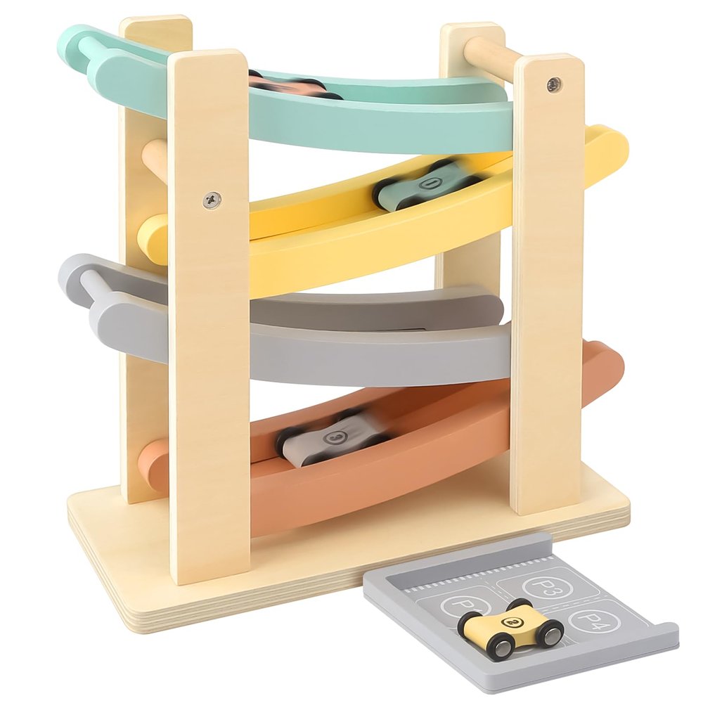 Joyreal Montessori Toddler Toys for 1 2 Year Old - 4 Level All-Wooden Car Ramp Racer Toys with 4 Mini Cars & Garages - Christmas Birthday Gifts for 1-3 Year Old Boys and Girls