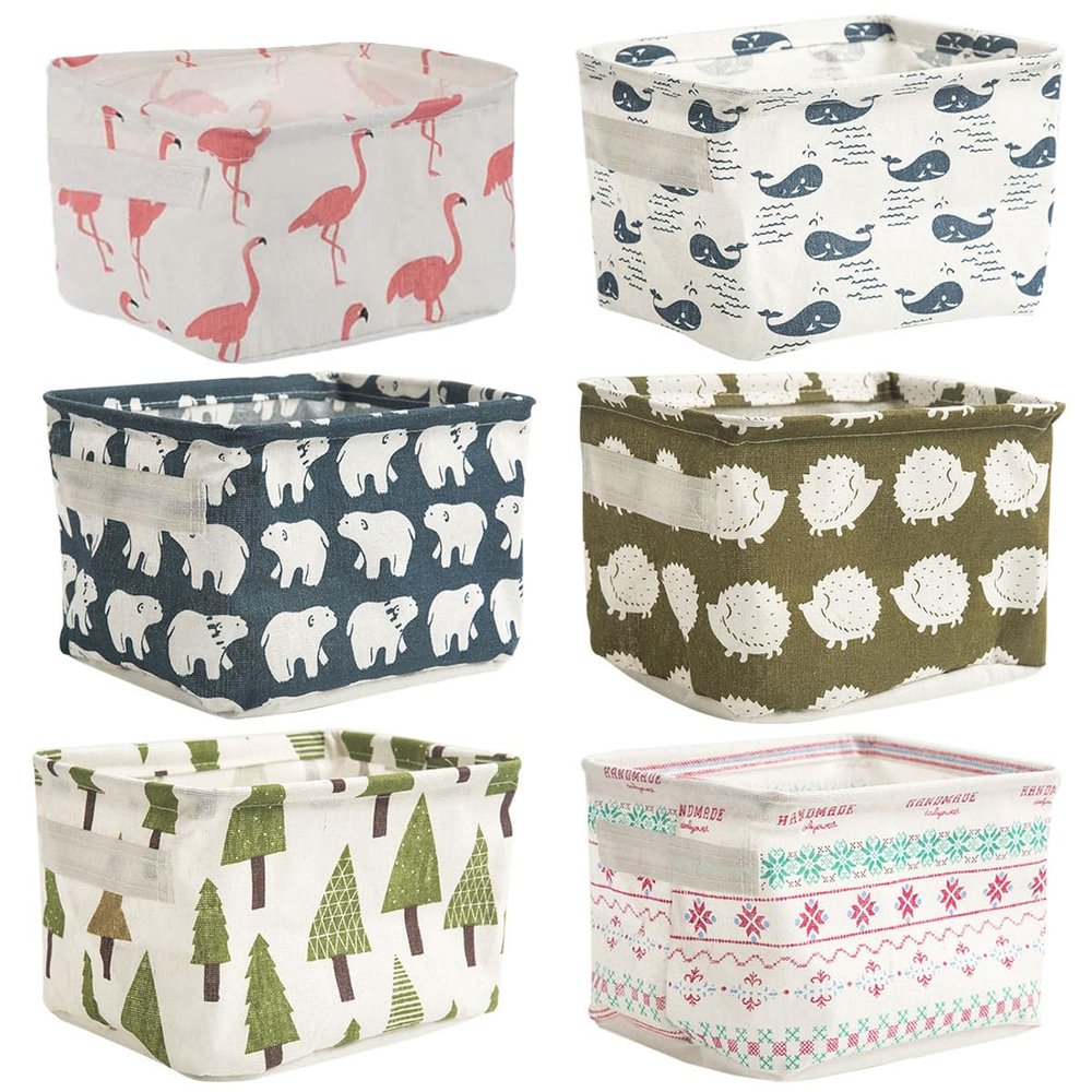 Ewanda store 6 Pcs Canvas Storage Bins Baskets Cartoon Storage Box Small Foldable Storage Baskets with Handles for Bathroom Nursery Kids Toys Home Office