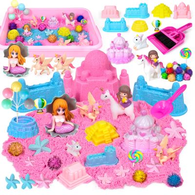 Tcvents Sensory Bin, 47Pcs Unicorn Sandbox with Lid Play Sand Art Kit for Toddlers Sensory Toys with Magic Sand, 4 Unicorns, Castle, Mermaid, Cleaning Tools-Gifts for Kids Age 3 4 5 6 7 8