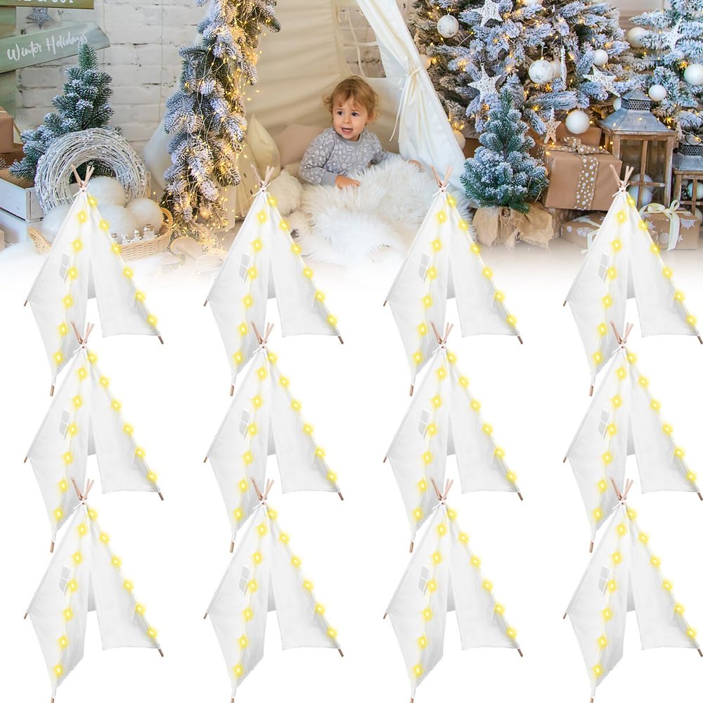 12 Packs Teepee Tent for Kids with 10FT String Lights, Play Teepee Tent for Girls & Boys, Indoor Outdoor Foldable Tents for Birthday Party Boho Sleepovers Party Pajama Party (White)