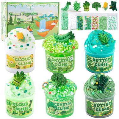 6 Packs Gradient Green Slime Kit - Cloud Butter Clear Slime, Crunchy Slimes for Kids with Various Slime Add-ins, Non Sticky Slimes Party Favors for Girls and Boys