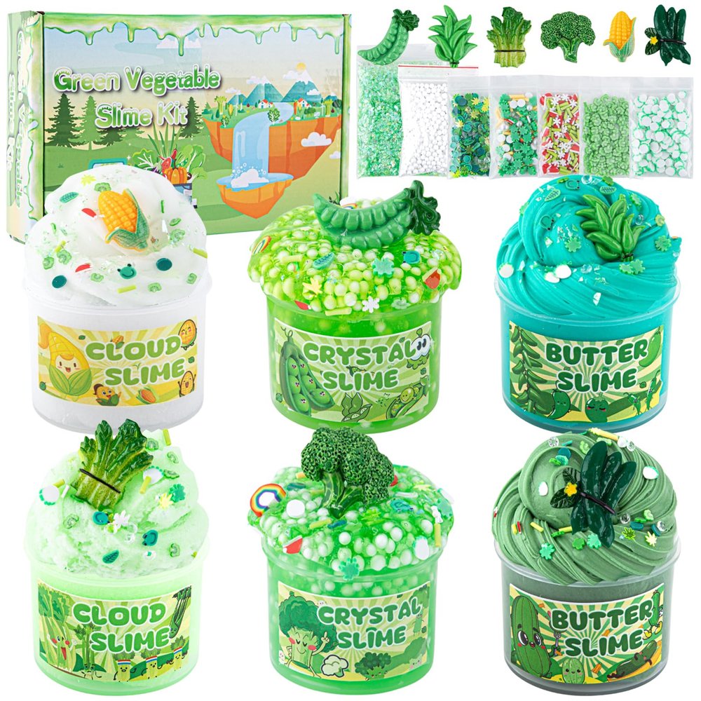 6 Packs Gradient Green Slime Kit - Cloud Butter Clear Slime, Crunchy Slimes for Kids with Various Slime Add-ins, Non Sticky Slimes Party Favors for Girls and Boys