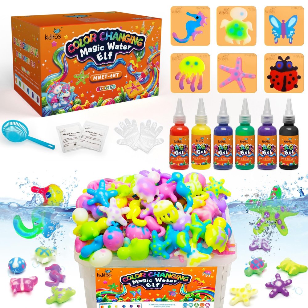 Kiditos Color Changing Magic Water Elf Toy Kit, Magic Aqua Fairy Water Gel Kit with 6 Color Changing Gels and 6 Molds. Christmas Gifts, Birthday Gifts, Party Favors, Arts&Crafts DIY STEM Kits for Kids
