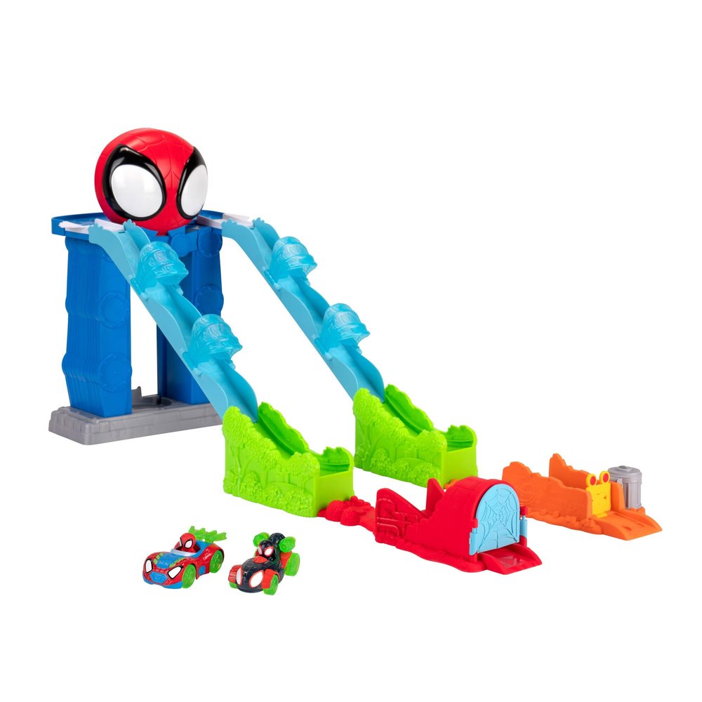 Spidey and his Amazing Friends Spideys Mega Jump HQ Track - 39-Inch Dual Race Track with Elevator, Control Centre, Web Tunnels and Two Exclusive Amazing Metals Vehicles
