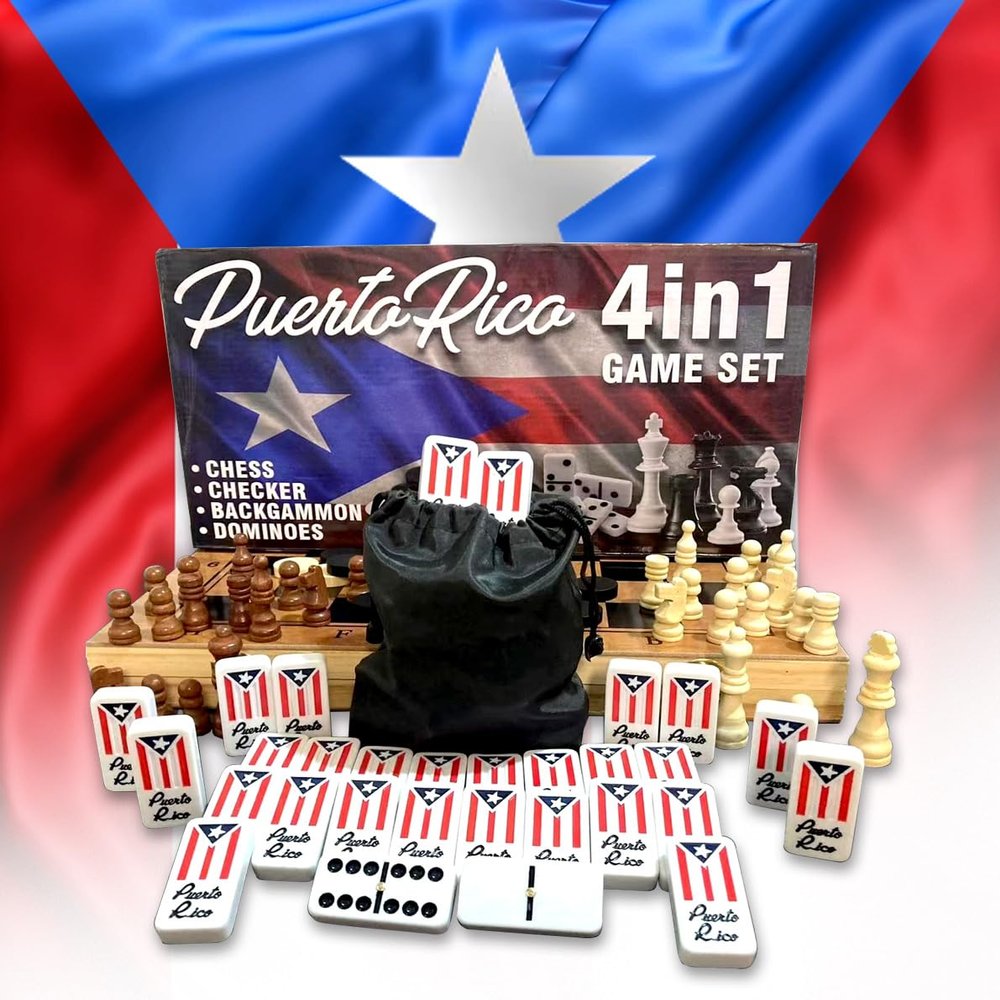 PRK 14 Puerto Rico 4-in-1 Set - Puerto Rican Dominoes, Chess, Checkers, and Backgammon for Friends & Makes a