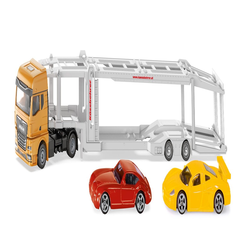 Siku 3944, Man Car Transporter, 1:50, Includes 2 Toy Cars, Metal/Plastic, Yellow/Silver, Detachable Trailer, Lowerable Platform