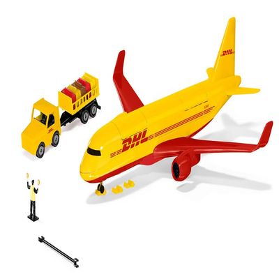 Siku 1702 DHL Plastic Cargo Aircraft with Accessories Red/Yellow Toy Model Includes Luggage Cart, Tow Bar, Brake Pads and Air Traffic Controller
