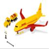Siku 1702 DHL Plastic Cargo Aircraft with Accessories Red/Yellow Toy Model Includes Luggage Cart, Tow Bar, Brake Pads and Air Traffic Controller view 1