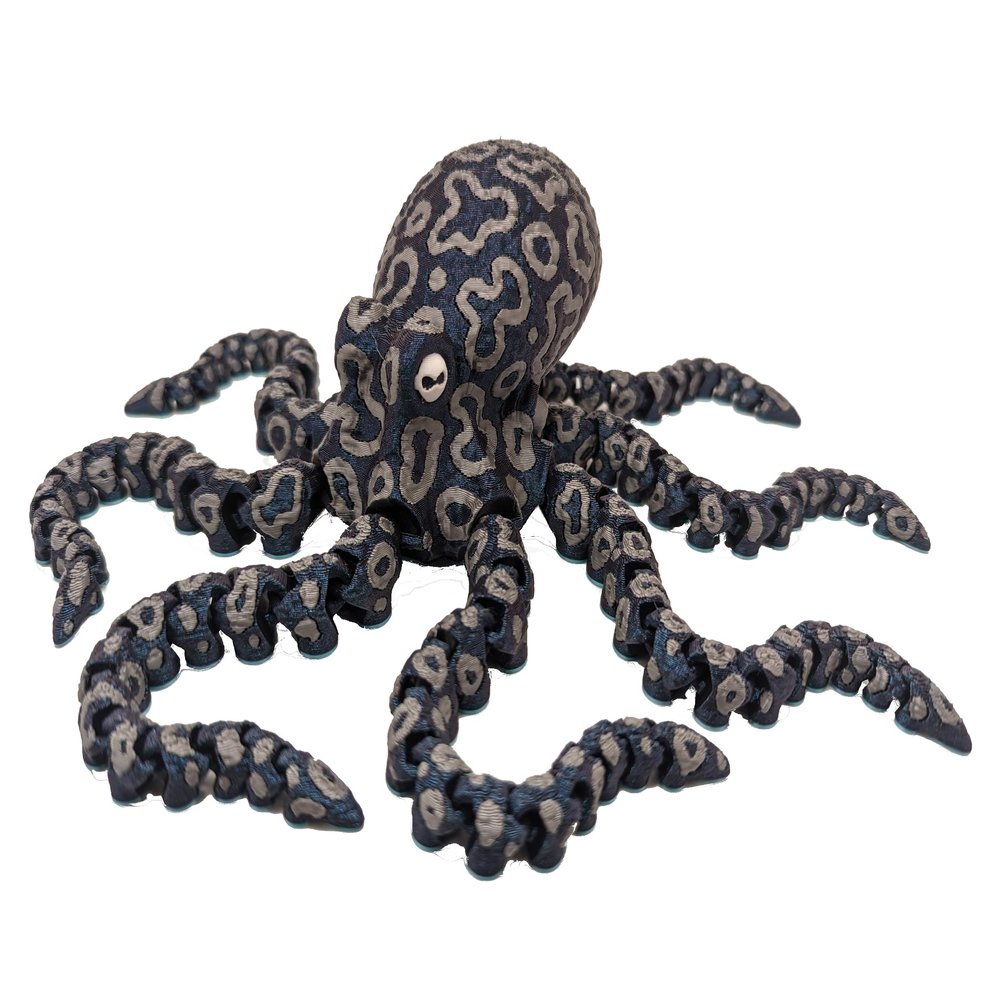 3D Printed Spotted Octopus - Articulated Multicolor Fidget Toy, Medium (Metal/Silver/Shiny Blue)