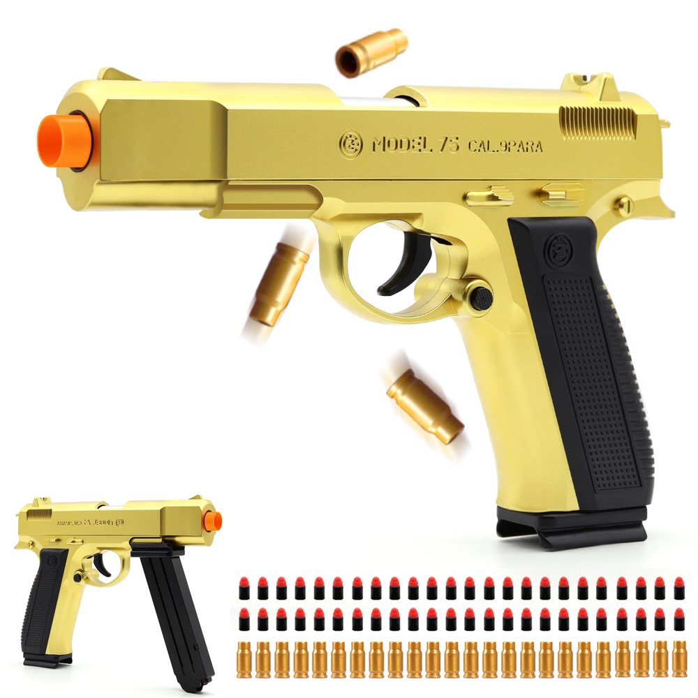 DaoDaoZhu Soft Bullet Toy Gun Pistol with Shell Ejecting for Indoor/Outdoor Shooting Games, Halloween Costume Fake Prop Gun Model, Educational Play Toy Guns, Christmas/Birthday Gifts (Gold)