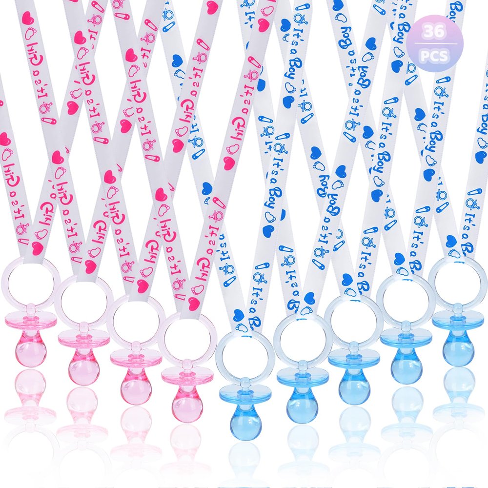 36 Baby Shower Pacifiers Necklace, Acrylic Pacifier Necklace, Pacifier Necklace for Baby Shower Boys Girls Party Favors Charm/Gender Reveal Party Table Scatter/Baby Shower Necklace Game(Blue&Pink)