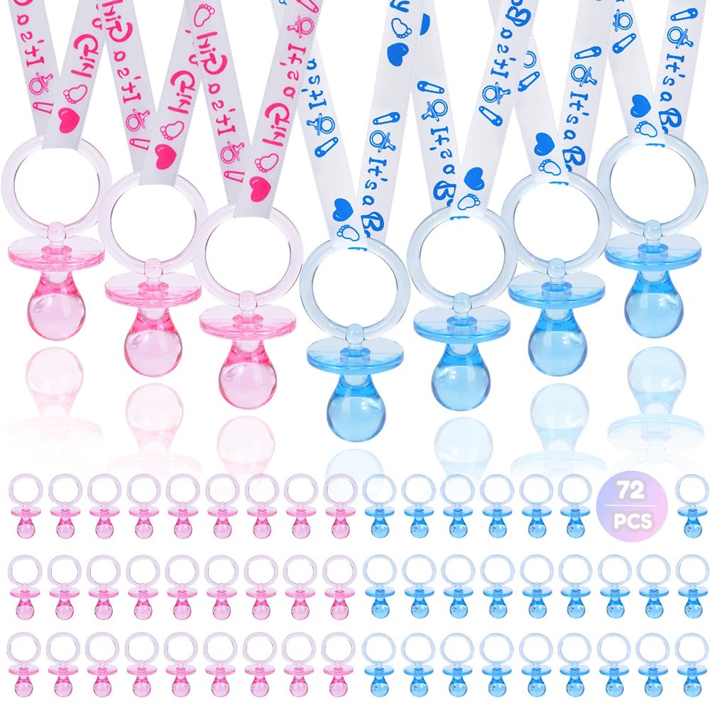 72 Acrylic Pacifier Necklace for Baby Shower Boys & Girls Party Favors, Gender Reveal Party Table Scatter/Necklace Game (Blue & Pink)