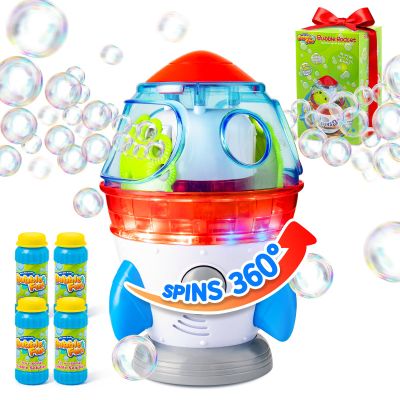 Rocket-Shaped Bubble Machine for Kids & Pets - Dual Powerful Bubble Outlets, Automatic 360 Rotation, Adjustable LED Lights & Music  Ideal for Indoor/Outdoor Birthday Parties