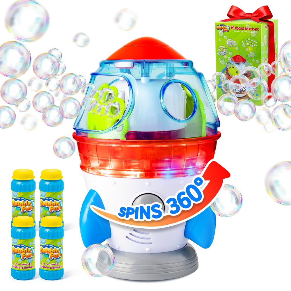 Rocket-Shaped Bubble Machine for Kids & Pets - Dual Powerful Bubble Outlets, Automatic 360 Rotation, Adjustable LED Lights & Music Ideal for Indoor/Outdoor Birthday Parties