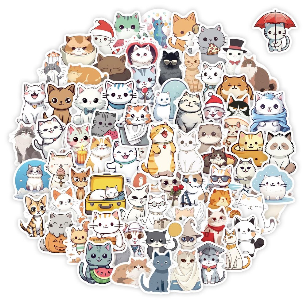 100 Pcs Cute Cat Stickers for Kids, Kawaii Cat Party Favors & Decorations, Gifts for Girls Boys Women Men, Waterproof Stickers for Water Bottle Laptop Scrapbook