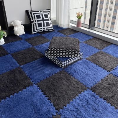 HoKiis Fluffy Interlocking Carpet Tiles,Plush Puzzle Foam Play Mat,36 Pieces Square Soft Floor Mat Tiles,Area Rugs,Combination Color(Size:0.23 Inch,Color:Black+Navy Blue)