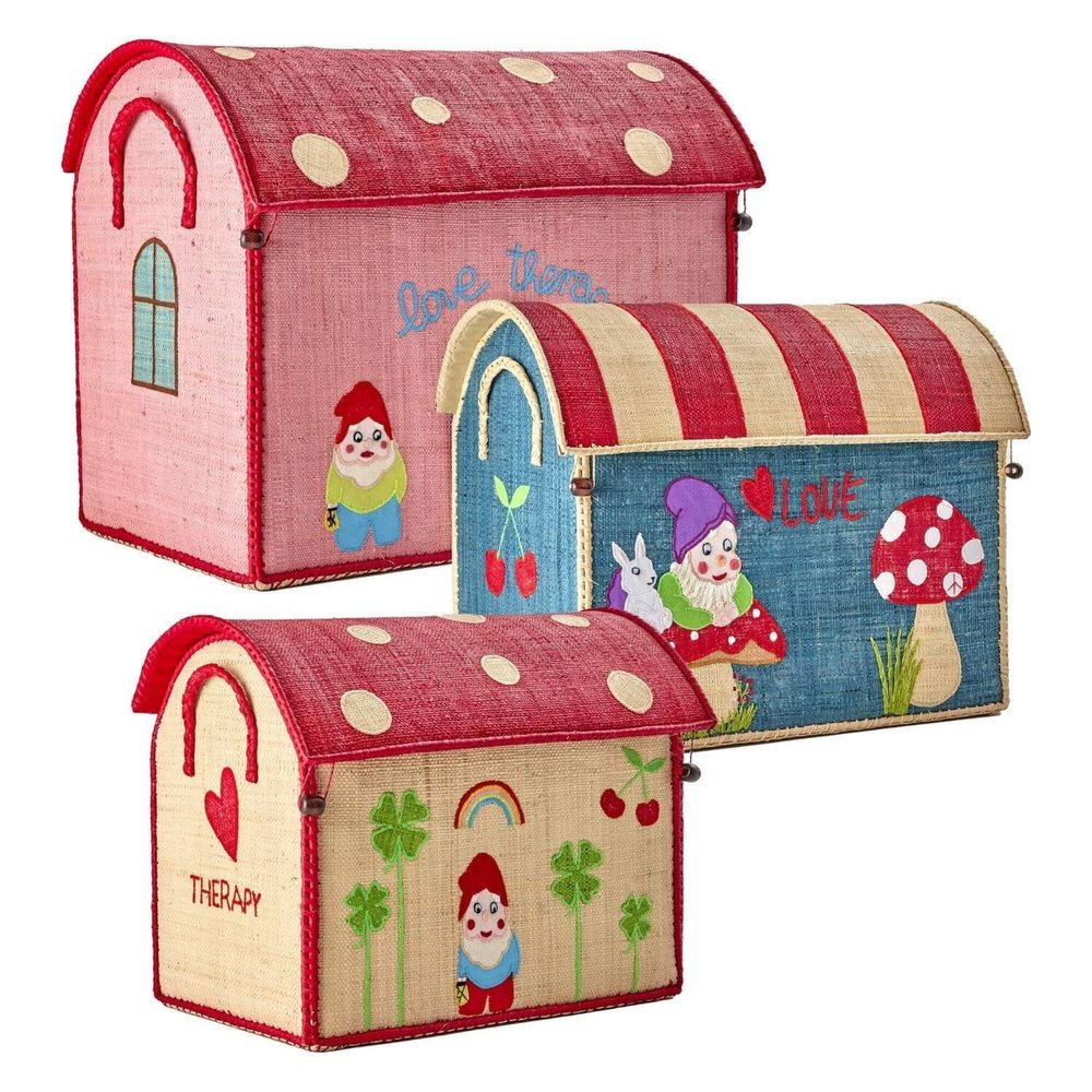 Rice - Large Set of 3 Toy Baskets, Raffia Storage House - Multicoloured, Love Therapy Theme (Set of 3 - Large/Medium/Small)