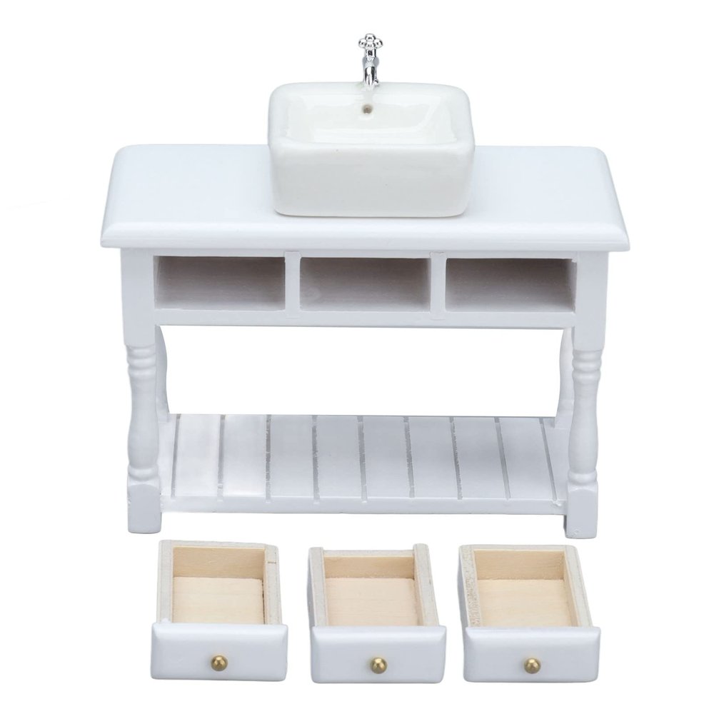 1:12 Ceramic Dollhouse Bathroom Furniture, Durable White Wash Basin Table Set, Suitable for Doll Houses, Room Boxes and House Models