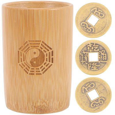 Abaodam I Ching Divination Tube Fortune-Telling Game Bucket with Chinese Copper Coins for Buddhist Prop and Family Fun 3.93X2.75X2.75 Inch