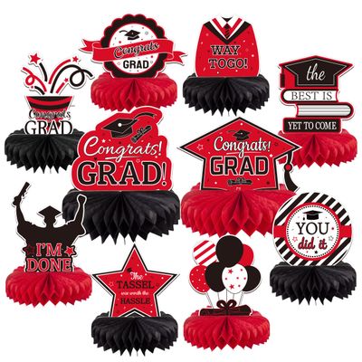 10PCS Graduation Decorations Class of 2025 Centerpieces, Congrats Grad Honeycomb Table Toppers for Graduation Party Favors, 2026 Graduation Party Decorations (10PCS, Red & Black)