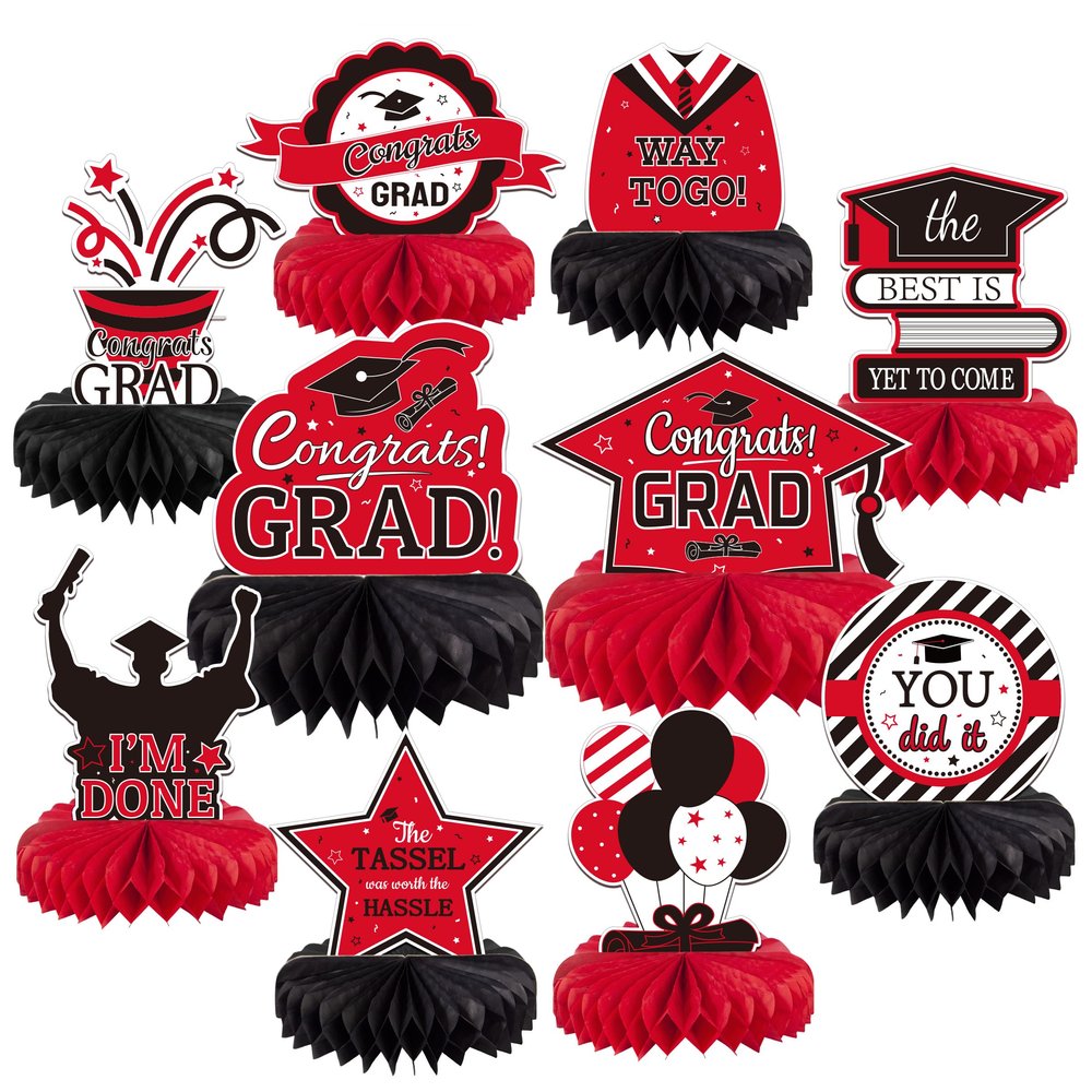 10PCS Graduation Decorations Class of 2025 Centerpieces, Congrats Grad Honeycomb Table Toppers for Graduation Party Favors, 2026 Graduation Party Decorations (10PCS, Red & Black)