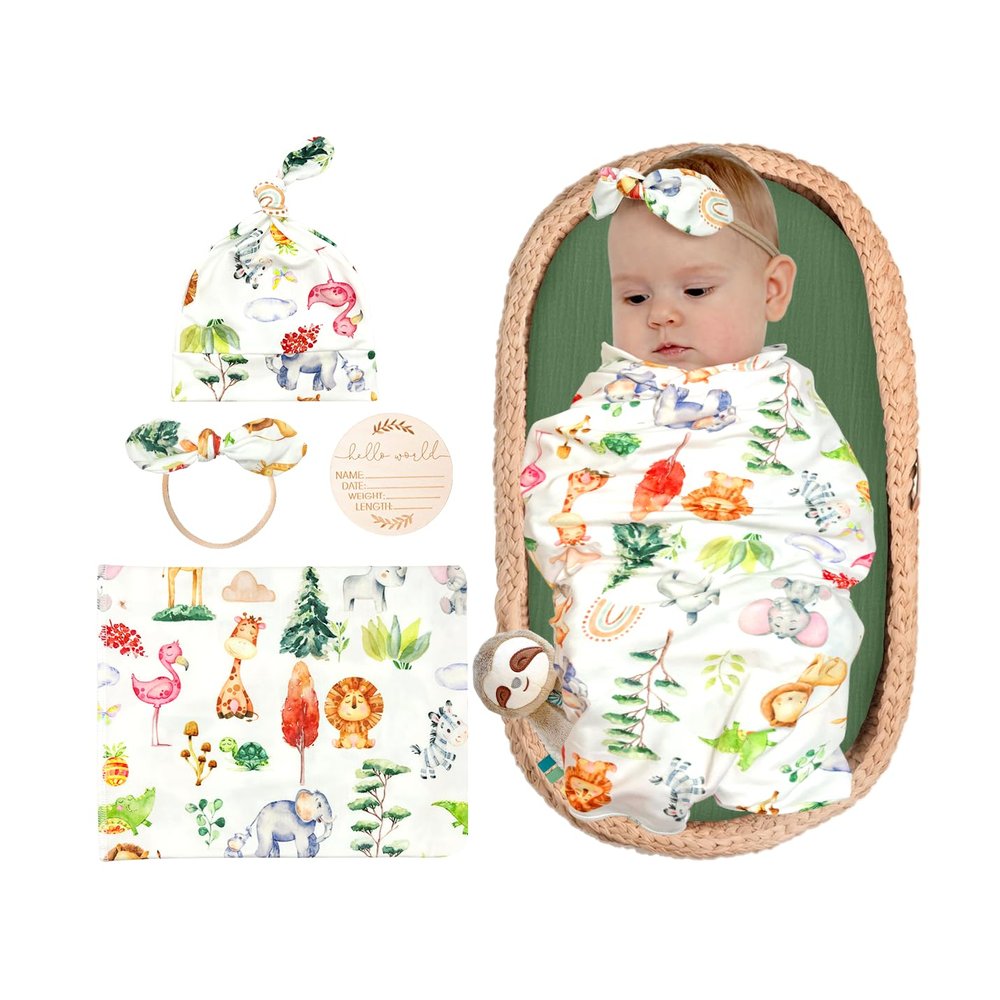 ZURLEFY Animal Newborn Swaddle Blanket, Baby Receiving Blankets with Headband and Beanie Set for Boys Nursery Swaddle Wrap (61-09)