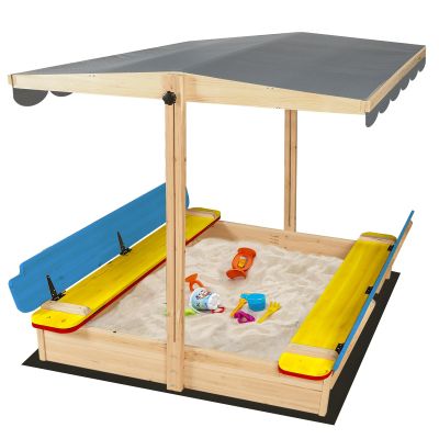 RUNSHED 48x48 Large Wooden Sandbox with Locking Lid & Adjustable Canopy Cover - Outdoor Sand Box for Kids Ages 4-8, Foldable Bench Seats, UV-Resistant Roof, Easy-Drain Bottom Liner