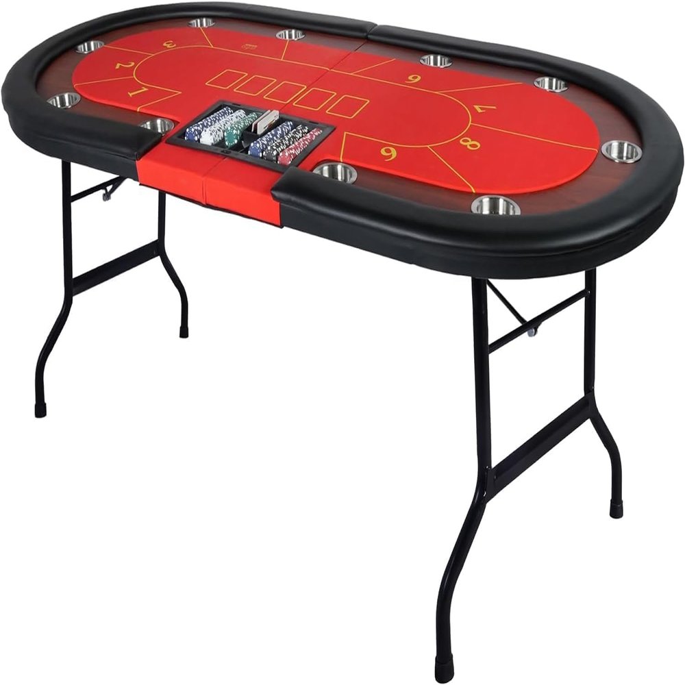 DC DICLASSE Upgrade 10 Player Poker Table, 84" Folding Oval Table with Stainless Steel Coasters & Cushion Rails, Casino Felt Top Texas Hold'em Table, Red