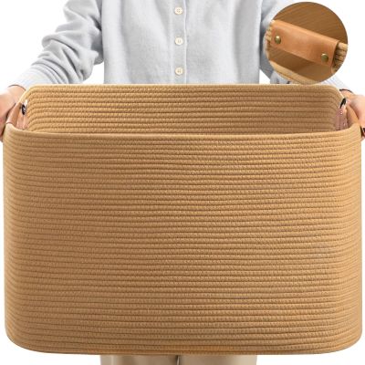 danpinera 108 L Blanket Basket for Living Room, Toy Basket With Leather Handle, Large Storage Bins for Toys, Pillows, Clothes, Rectangle Large Cotton Rope Basket, 25*16*16 Jute