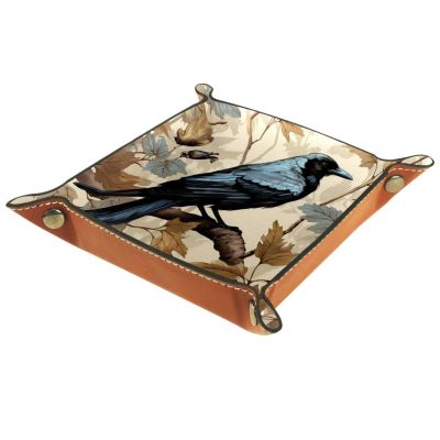 Autumn Crow Bird Dice Tray PU Leather Dice Rolling Tray Folding Dice Holder for Dice Games, Like RPG, DND and Other Table Games