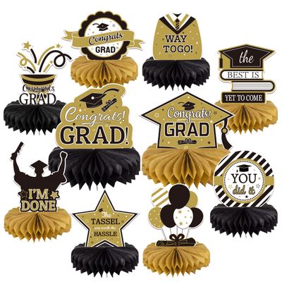 10PCS Graduation Decorations Class of 2025 Centerpieces, Congrats Grad Honeycomb Table Toppers for Graduation Party Favors, 2026 Graduation Party Decorations (10PCS, Gold & Black)