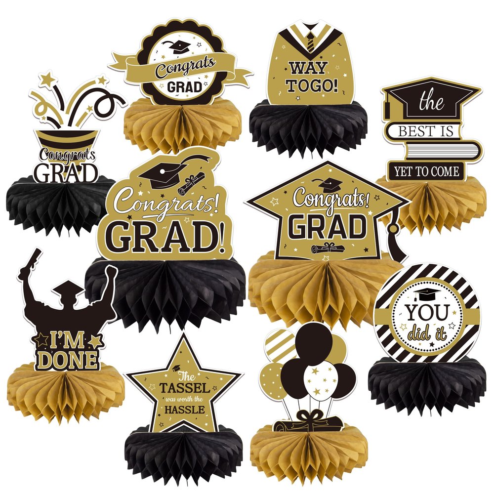 10PCS Graduation Decorations Class of 2025 Centerpieces, Congrats Grad Honeycomb Table Toppers for Graduation Party Favors, 2026 Graduation Party Decorations (10PCS, Gold & Black)
