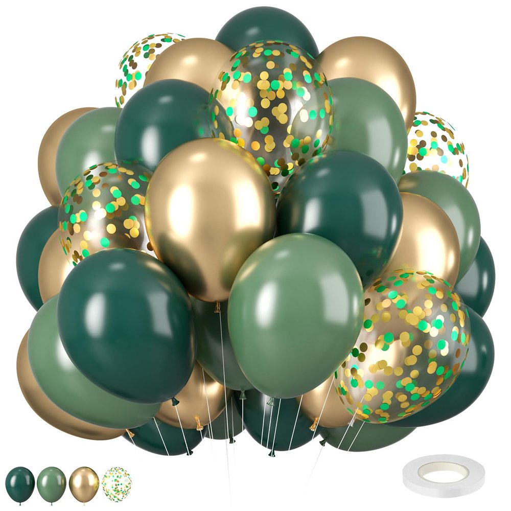 Green and Gold Balloons, 12 Inch Dark Emerald Green Sage Green Metallic Gold Balloon Green Gold Confetti Balloons for Birthday Wedding Christmas New Year Eve Party Decorations
