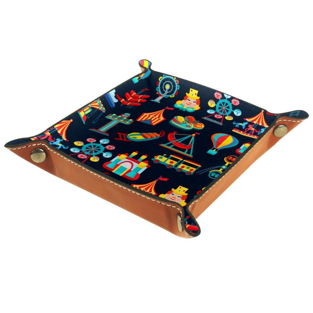 Amusement Park Pattern Dice Tray PU Leather Dice Rolling Tray Folding Dice Holder for Dice Games, Like RPG, DND and Other Table Games