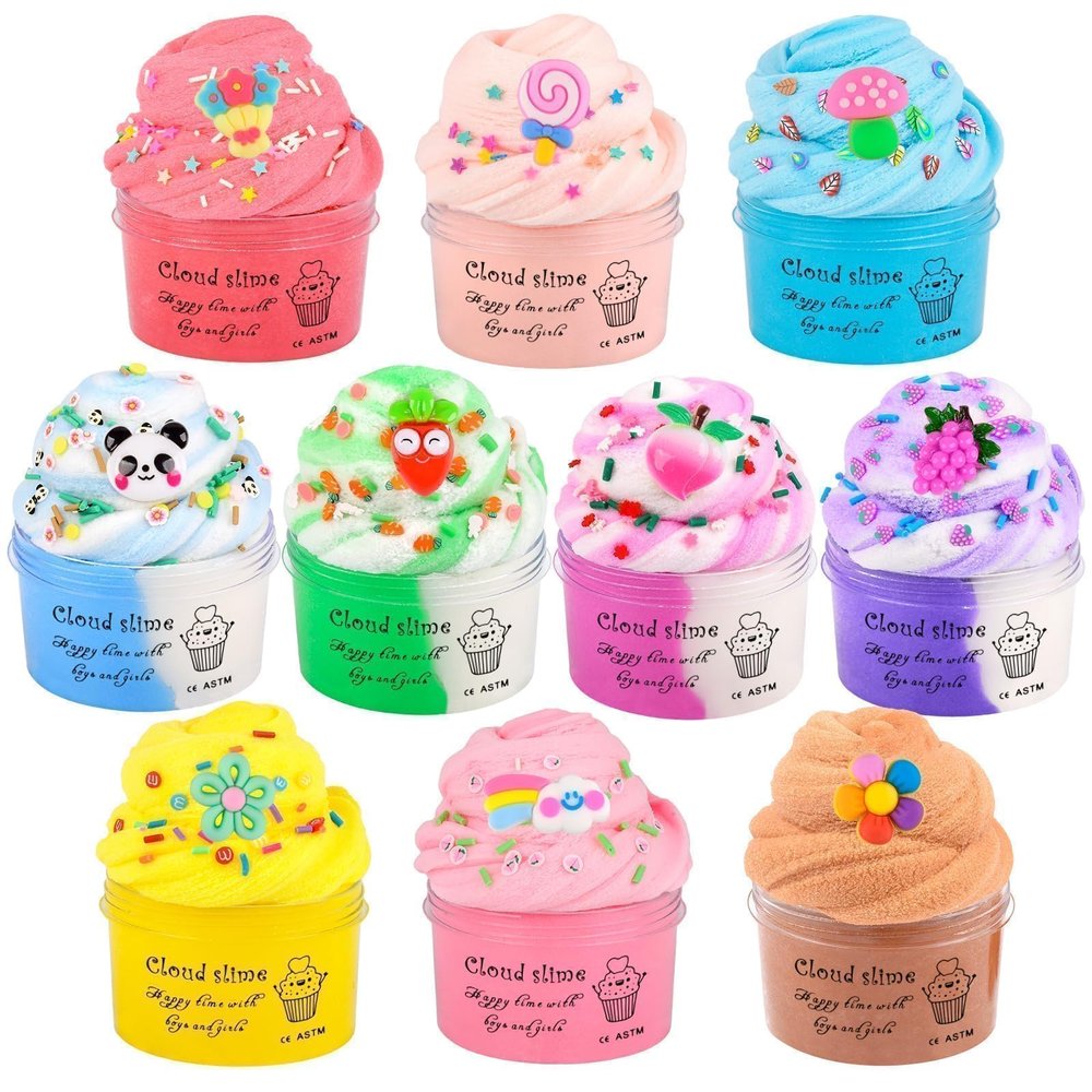 10 Pack Cloud Slime Kit with Blue Cake Fruits Animals, and Pink Games Charms, Scented Valentine Day Butter Slime Supplies for Girls and Boys, Stress Relief Toy for Kids, Education Birthday Party Favor