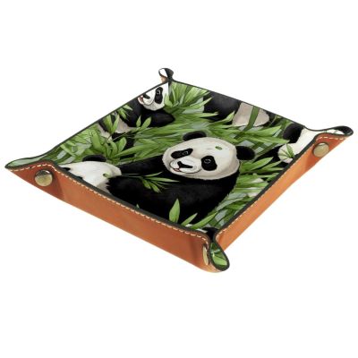 Animal Panda Leaves Dice Tray PU Leather Dice Rolling Tray Folding Dice Holder for Dice Games, Like RPG, DND and Other Table Games