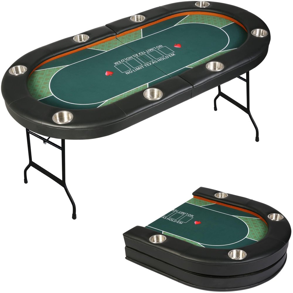 Vilobos Upgraded 8 Player Poker Table for Blackjack Card Game, Foldable Texas Hold'em Table, Portable Casino Table for Game Room with Stainless Steel Cup Holder, Padded Rails, Green Felt Surface