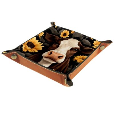 Cow Sunflower Dice Tray PU Leather Dice Rolling Tray Folding Dice Holder for Dice Games, Like RPG, DND and Other Table Games