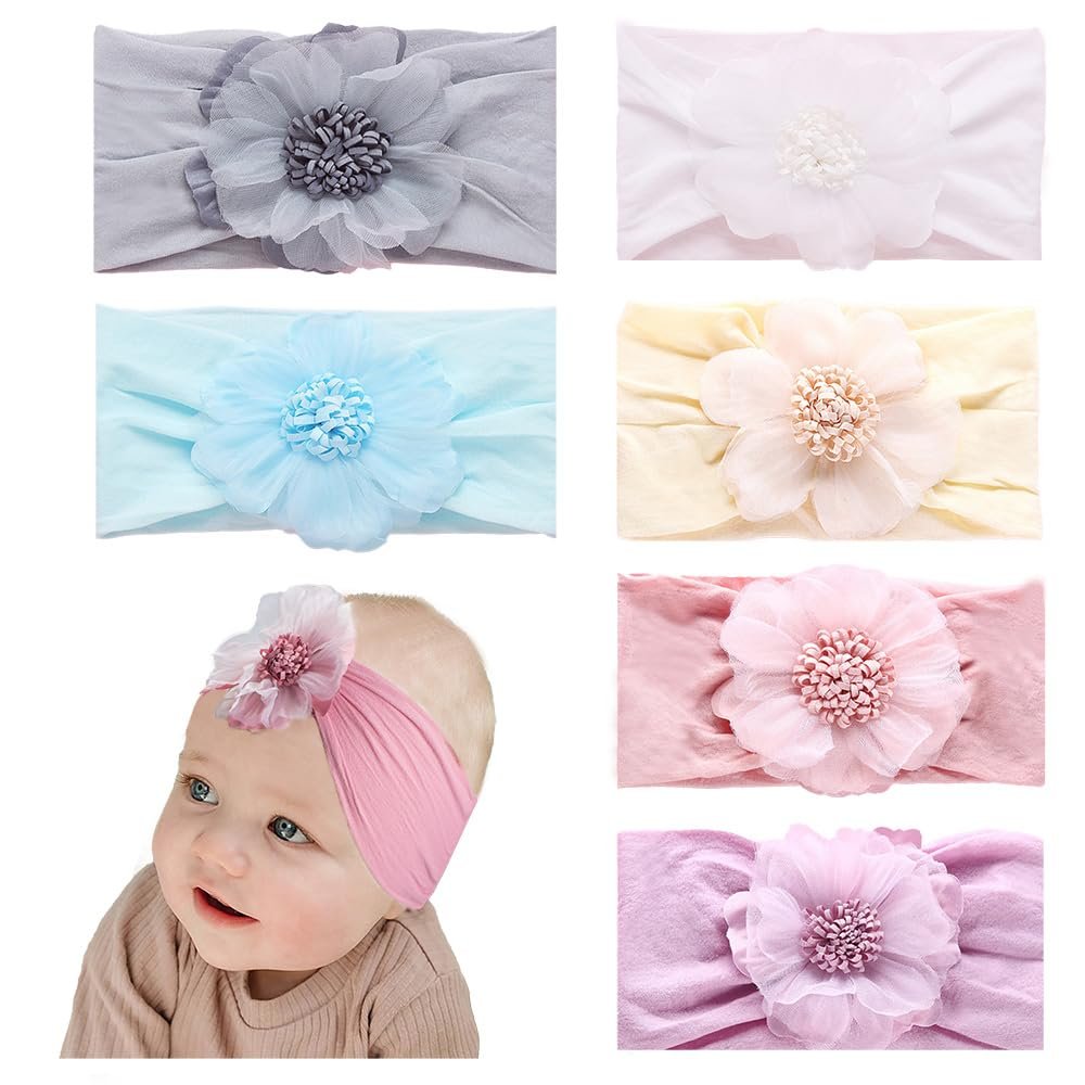 JIAHANG Baby Girls Top Flower Headwrap Stretchy Silky Headbands Set 6Pcs for Infant Toddlers (Chiffon Flower 6pcs)