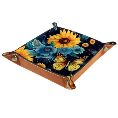 Butterfly Sunflowers Dice Tray PU Leather Dice Rolling Tray Folding Dice Holder for Dice Games, Like RPG, DND and Other Table Games