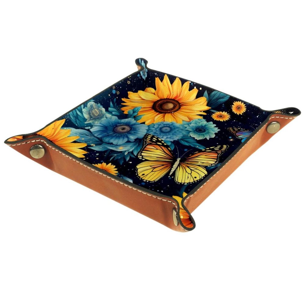 Butterfly Sunflowers Dice Tray PU Leather Dice Rolling Tray Folding Dice Holder for Dice Games, Like RPG, DND and Other Table Games