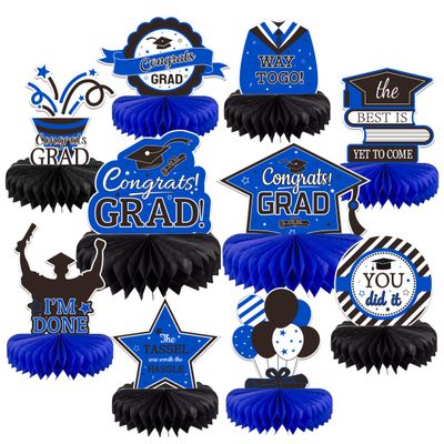 10PCS Graduation Decorations Class of 2025 Centerpieces, Congrats Grad Honeycomb Table Toppers for Graduation Party Favors, 2026 Graduation Party Decorations (10PCS, Blue & Black)