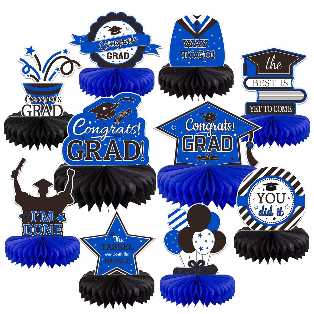 10PCS Graduation Decorations Class of 2025 Centerpieces, Congrats Grad Honeycomb Table Toppers for Graduation Party Favors, 2026 Graduation Party Decorations (10PCS, Blue & Black)