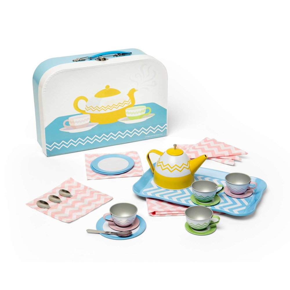Bigjigs Toys Tin Tea Set - 25 Piece Mini Teatime Playset with Carry Case, Children's Picnic Sets & Accessories, Kitchen Food Playsets, Kids Role Play Toy, Toddler Gifts For Girls & Boys, Age 3 Years +