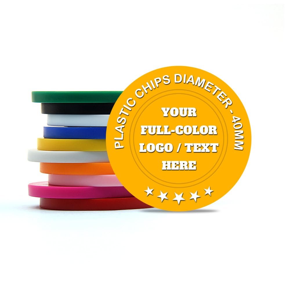 ToysCentral Basics 500 Custom Poker Chips Plastic Tokens,40mm/1.57in Diameter,Imprint Full-Color with Your Logo,Text or Images for Drink Bar,Wedding,Event,Company Advertise (Yellow)