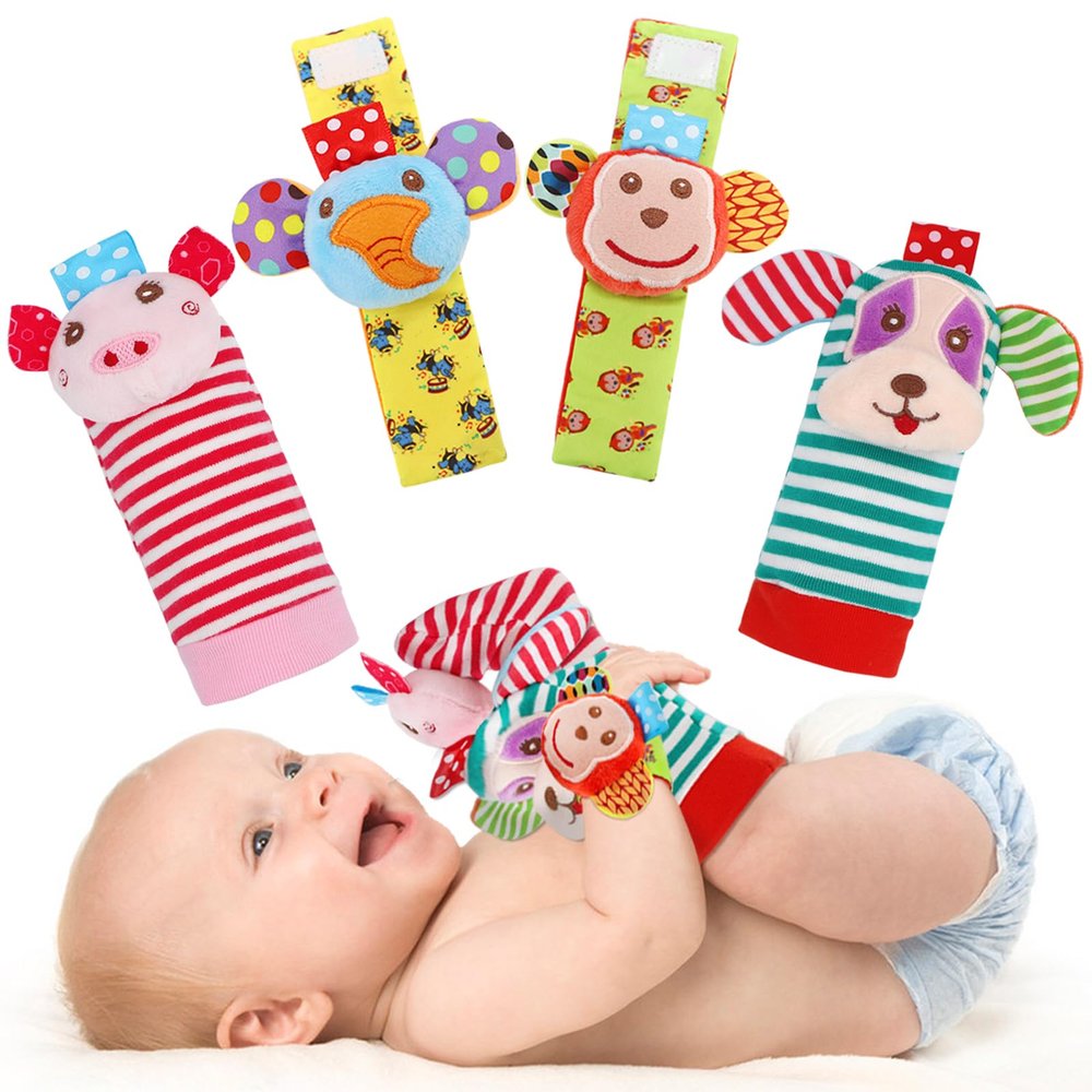 Infant Rattle Socks Toys 0 to 36 Months, Baby Wrist Rattle Foot Finder Socks Set, Birthday Holiday Present for Newborn Boy Girl 0/3/4/6/7/8/9/12/18 Months Kids Toddler, Gift Box Package (4A-Red)