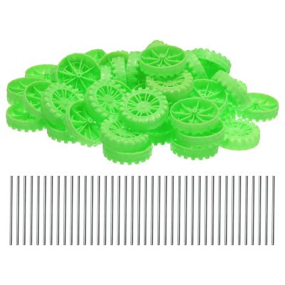 MECCANIXITY 50pcs Toy Car Wheels, 45mmx12mm Plastic Roll and 2mmx50mm Shaft Round Rod Axles for DIY RC Car Truck Boat Helicopter Model Part, Green