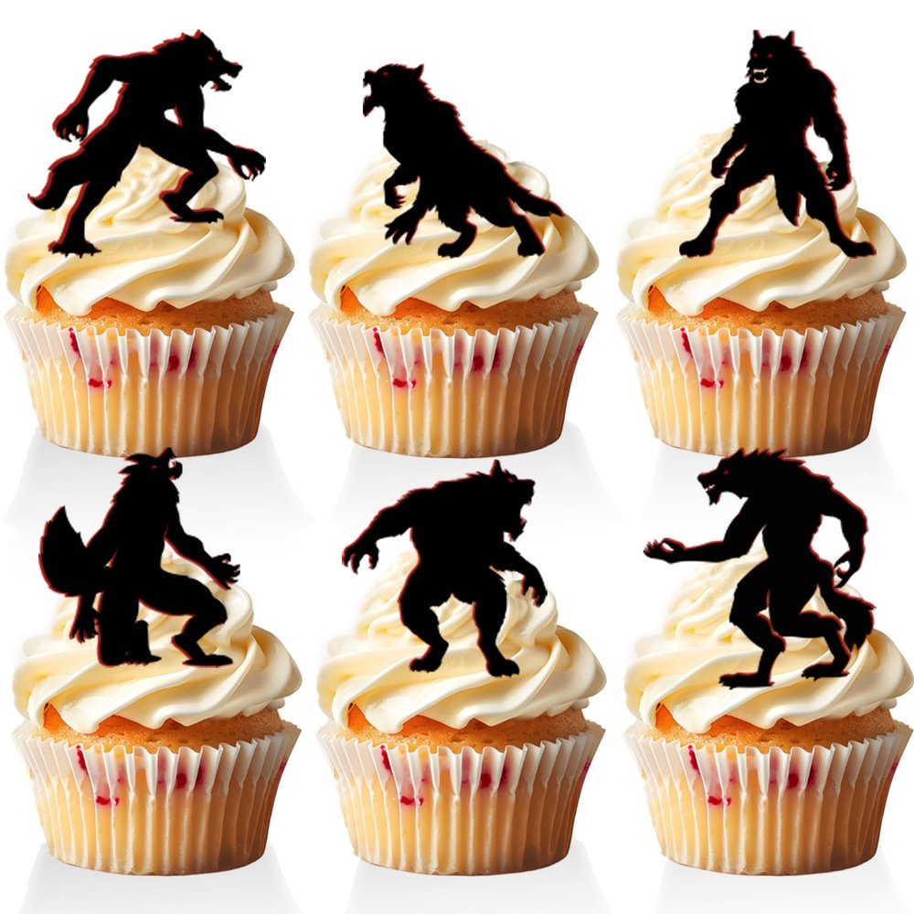 18 PCS Werewolf Cupcake Toppers for Boys Girls Baby Shower Halloween Party Decorations Wolf Birthday Party Supplies Black Glitter Wolf Cake Decorations